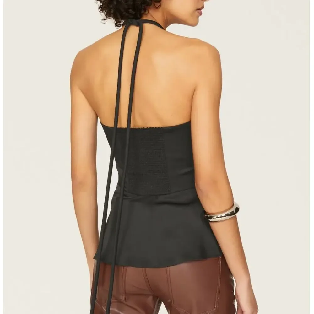 A.L.C. Anita Top Satin Sleeveless Sweetheart Neck Halter Tie Smocked Black 10